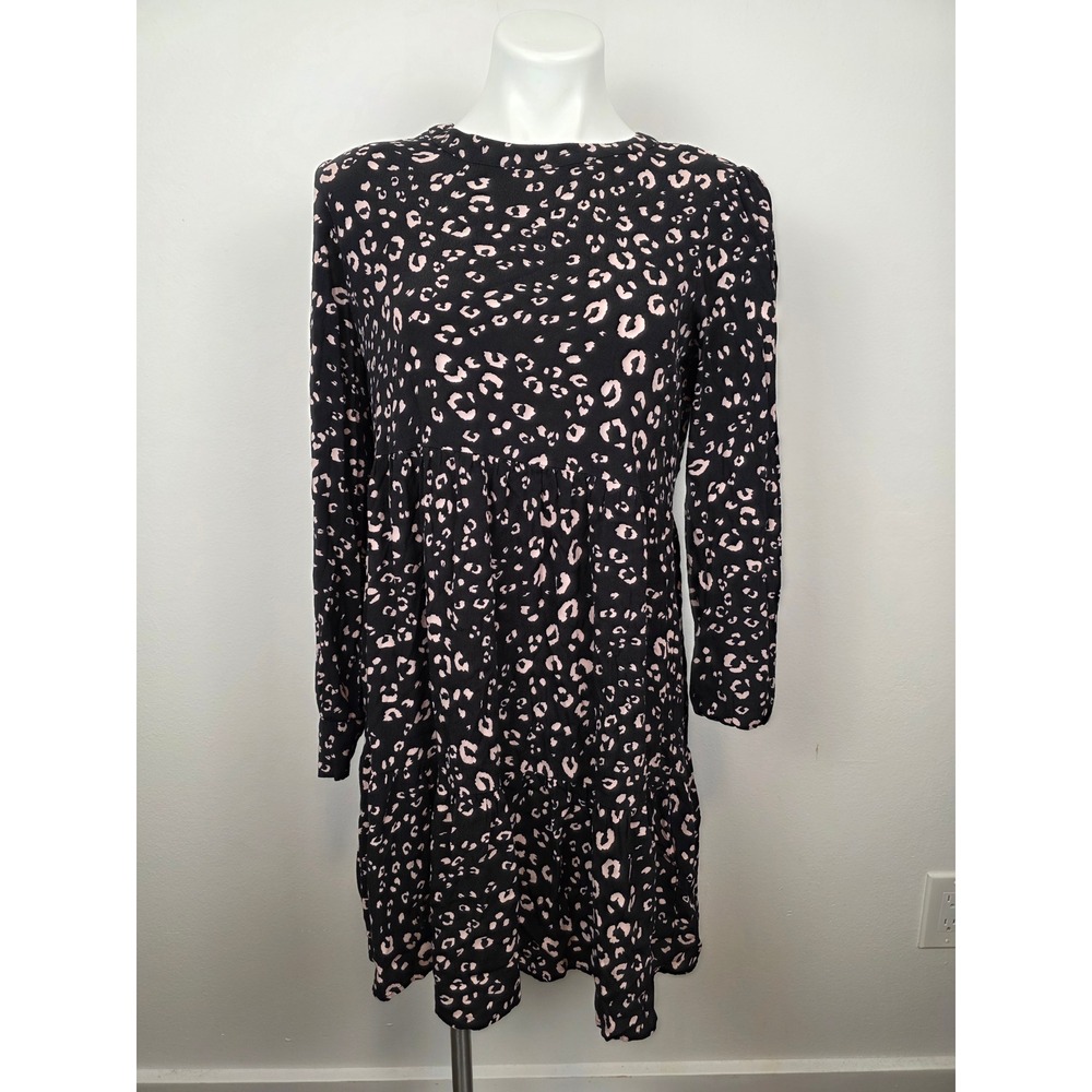Seraphine Maternity Black Pink Leopard Print Babydoll Dress Long Sleeve Size 6
